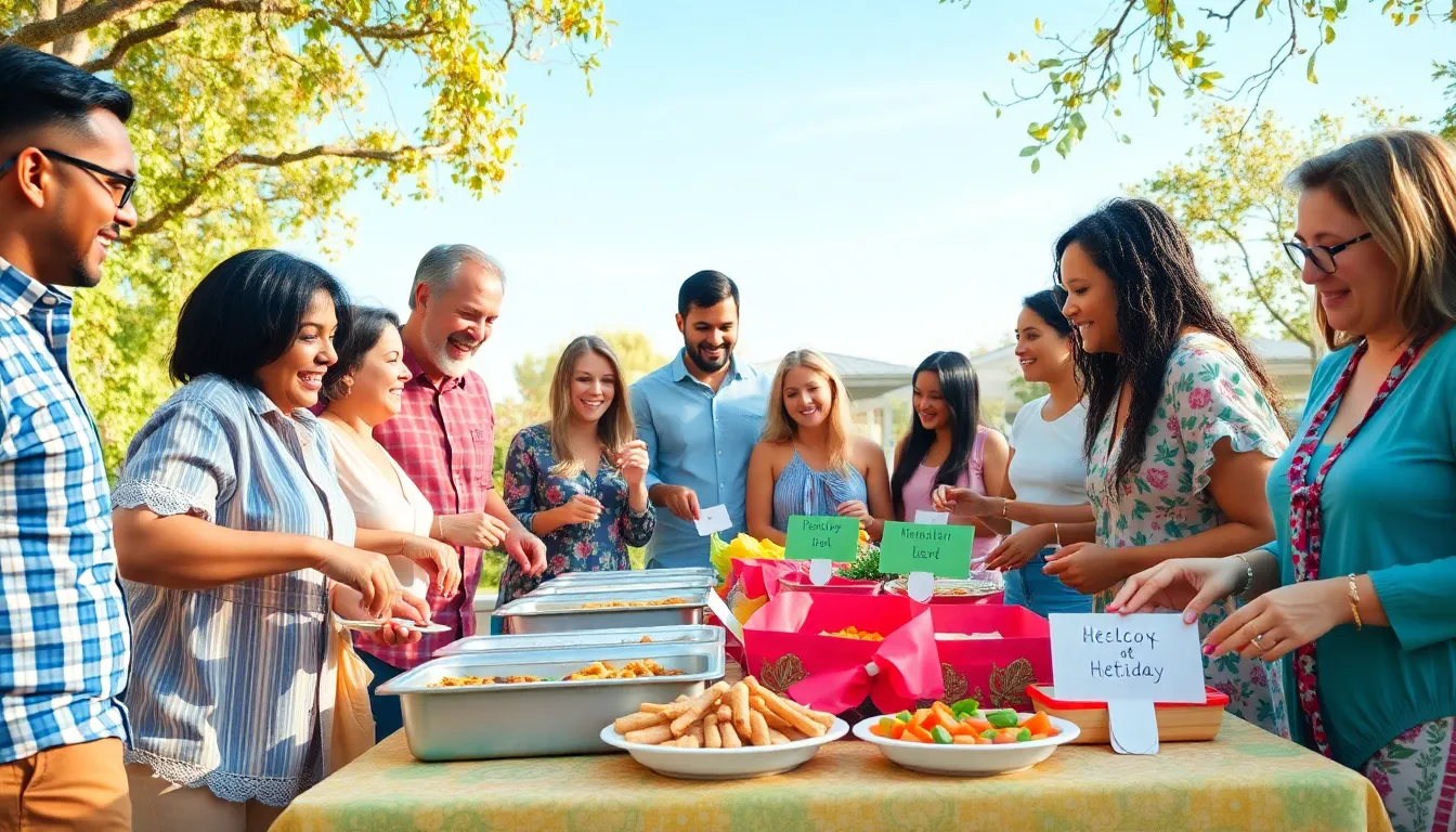 diverse group enjoying a potluck in a vibrant outdoor setting.