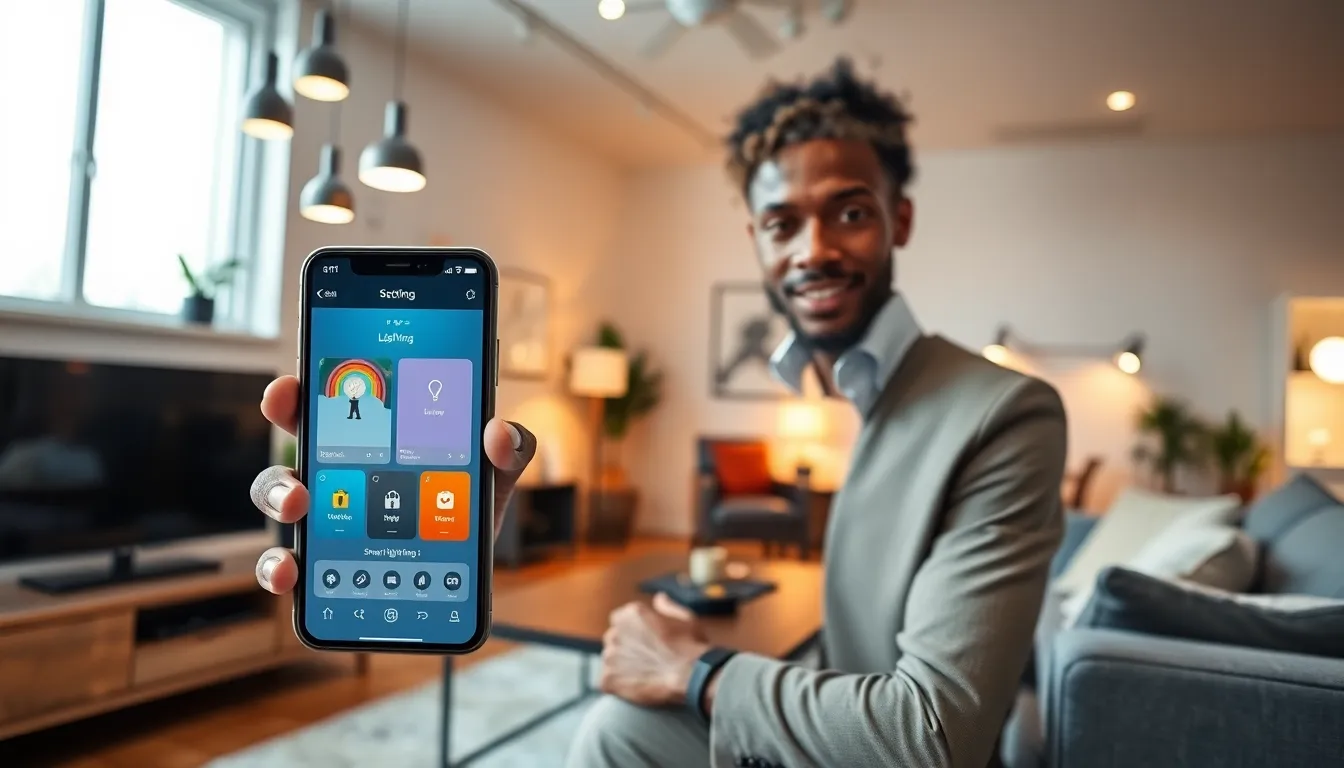 person using a smart lighting app in a modern living room.