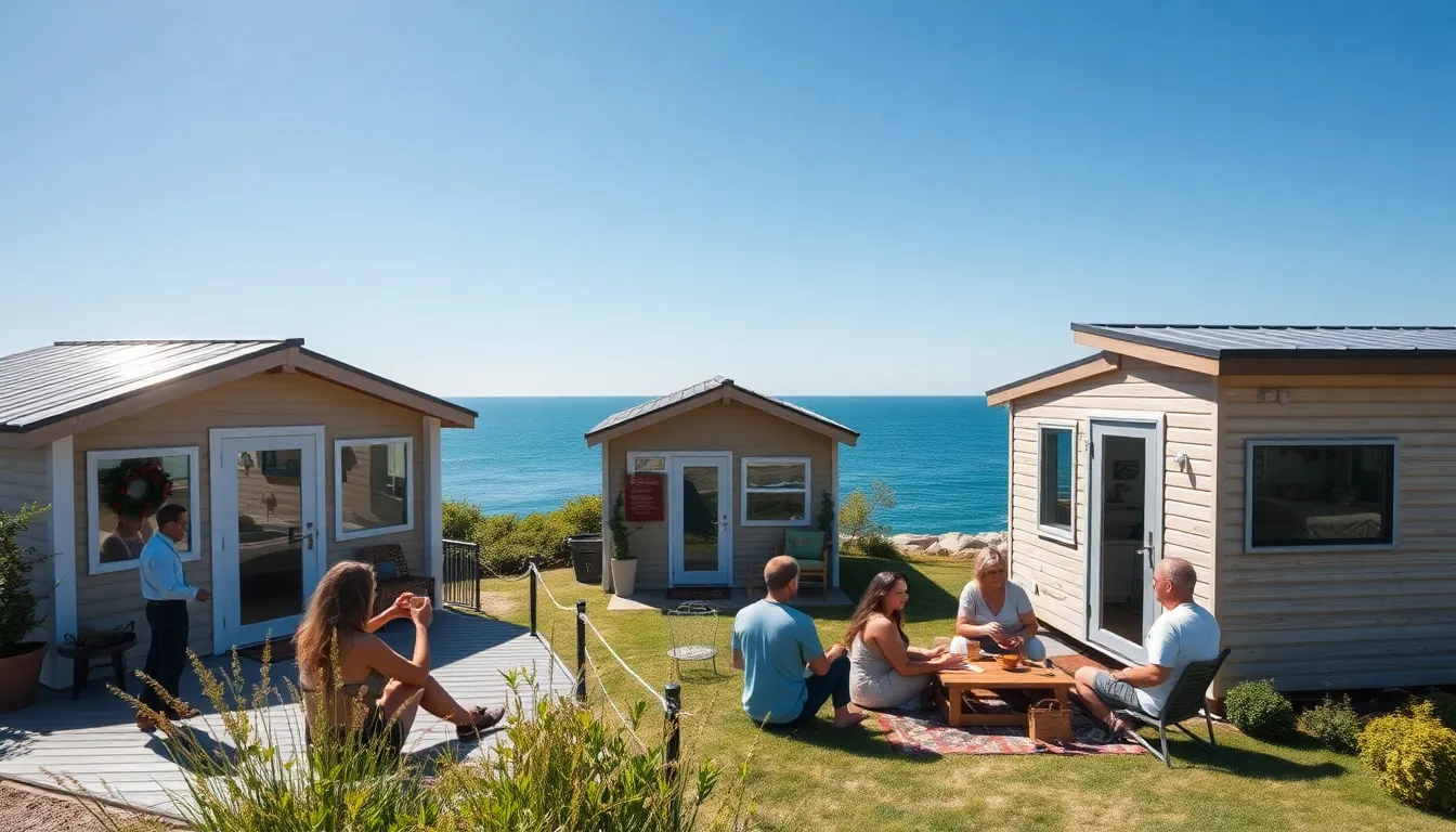 tiny homes by the Great Lakes with people enjoying outdoor activities.