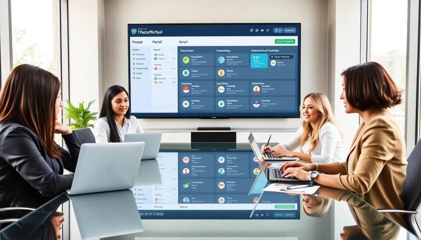 diverse professionals collaborating using TPBackofficeTool in a modern office.