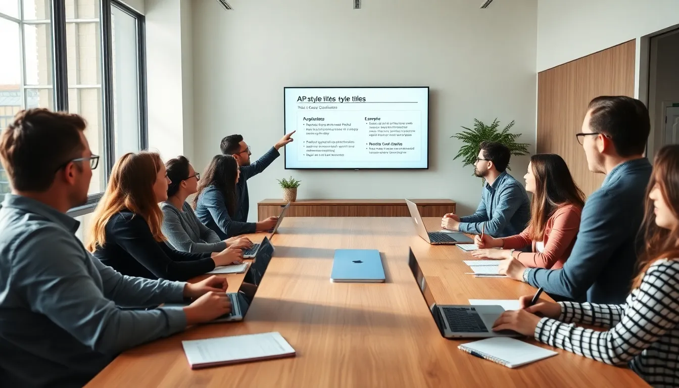 diverse team discussing AP style guidelines in a modern office.
