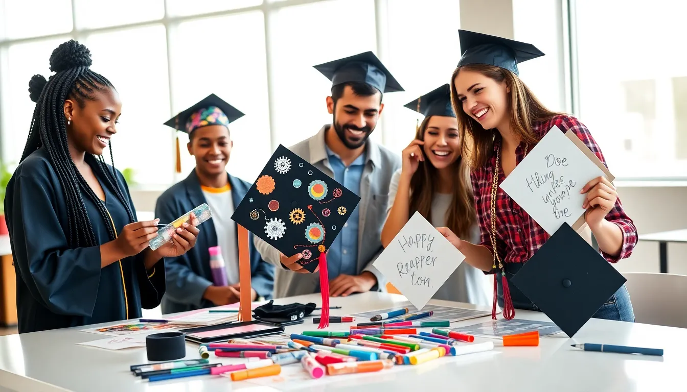 graduates decorating their caps in a modern workspace.