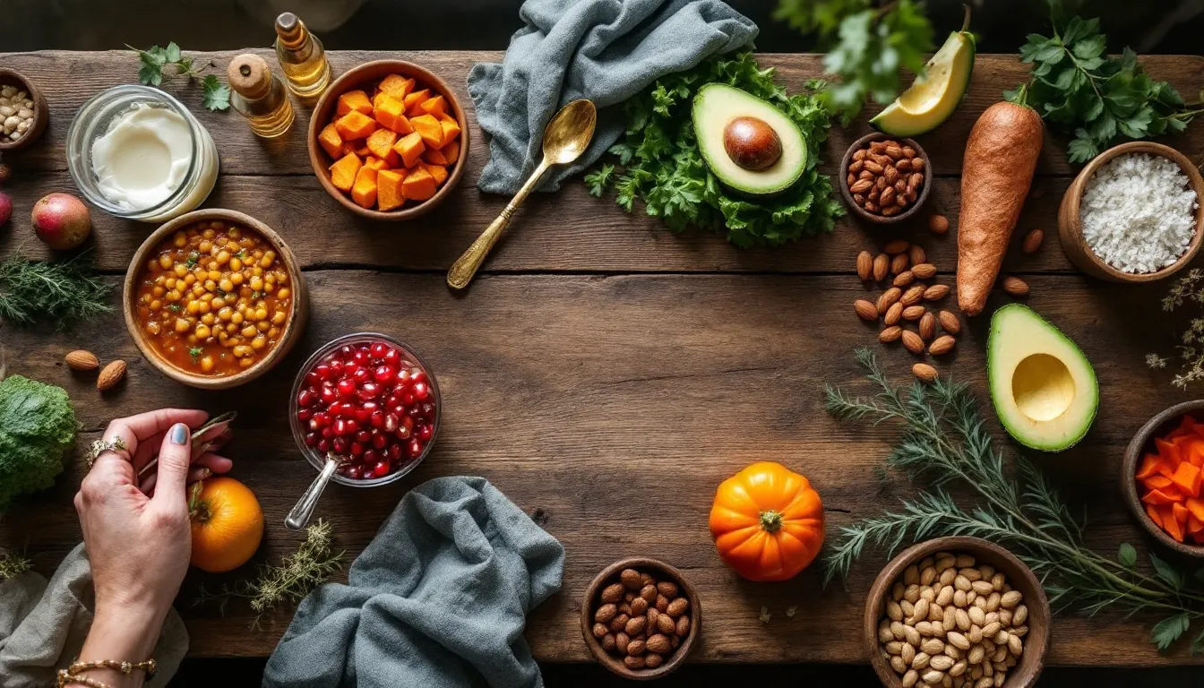 Colorful spread of cooked vegetables, ghee, mung dal soup, and fresh fruits on a wooden table.