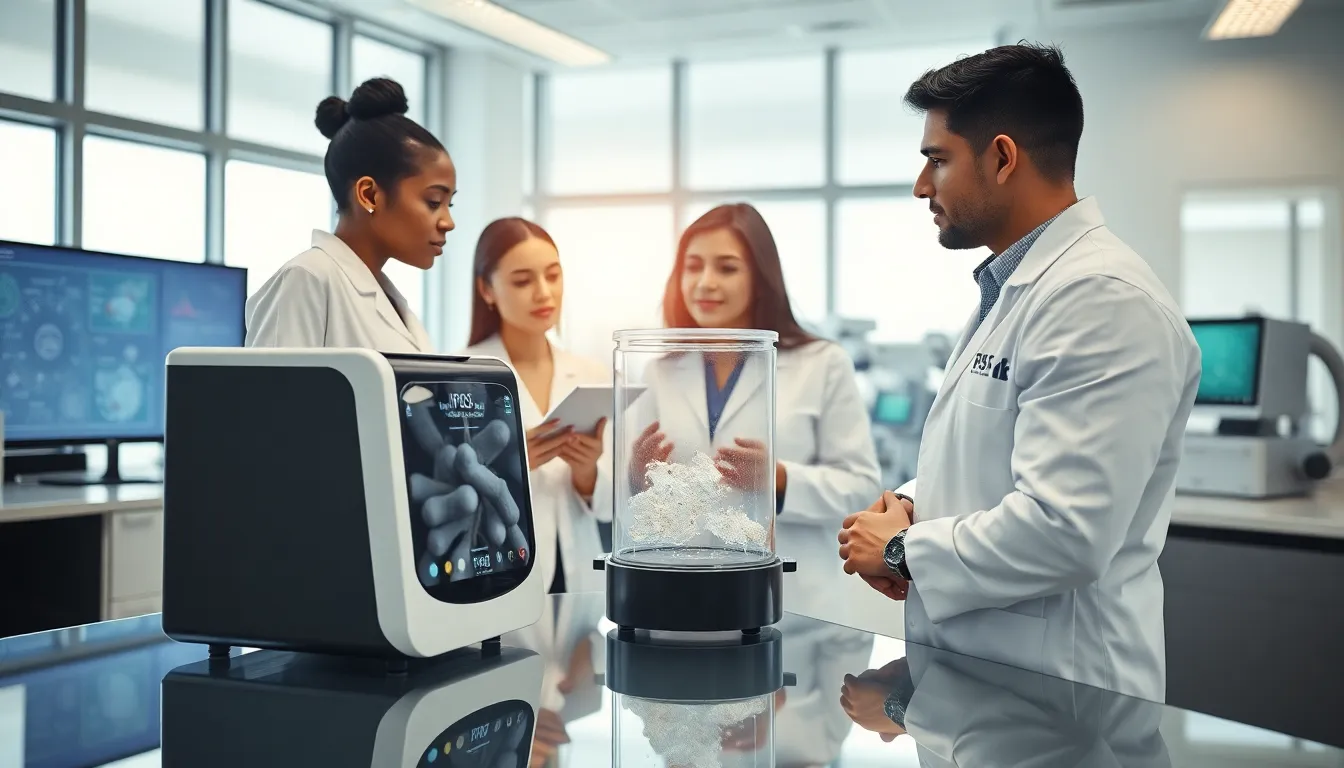 Professionals discussing bioprocessing technology in a modern lab.