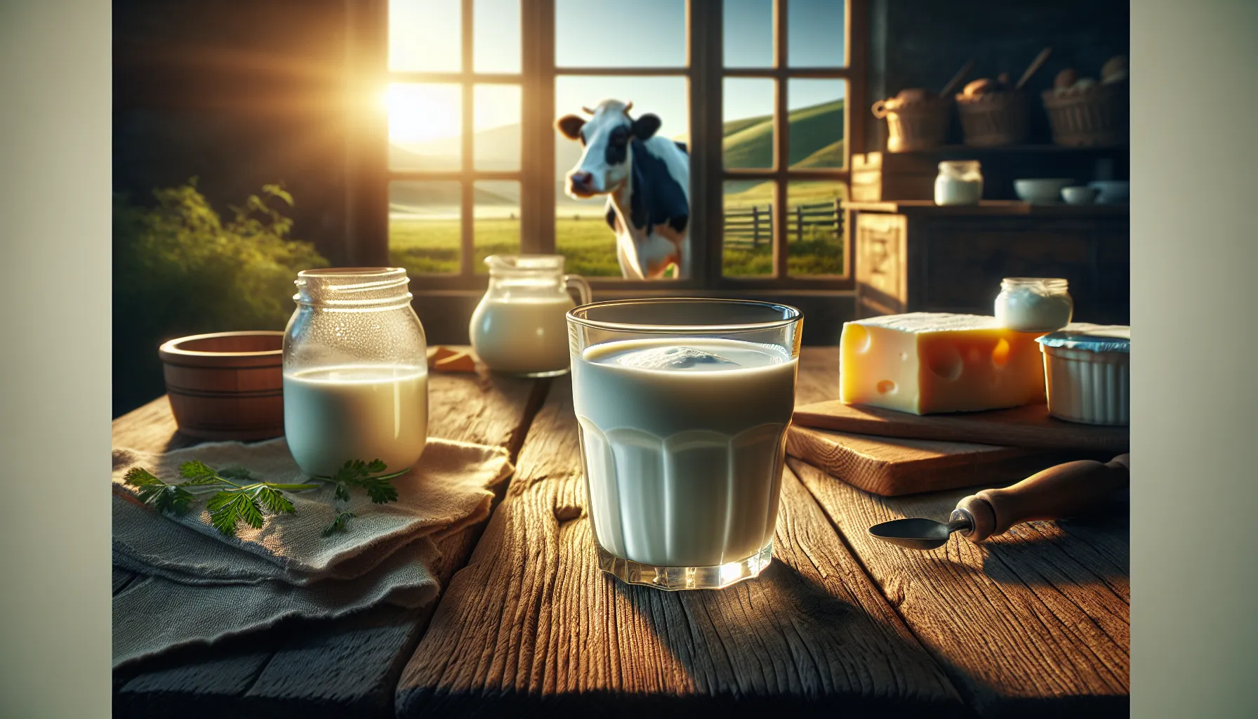 A glass of cow milk on a wooden table with dairy products in a sunny kitchen.