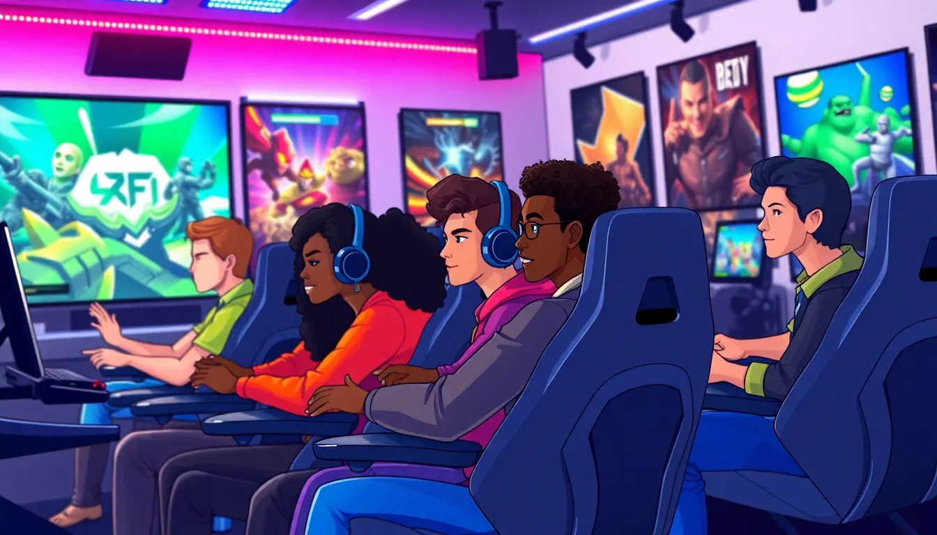 diverse group of gamers enjoying PlayBattleSquare in a modern gaming studio.