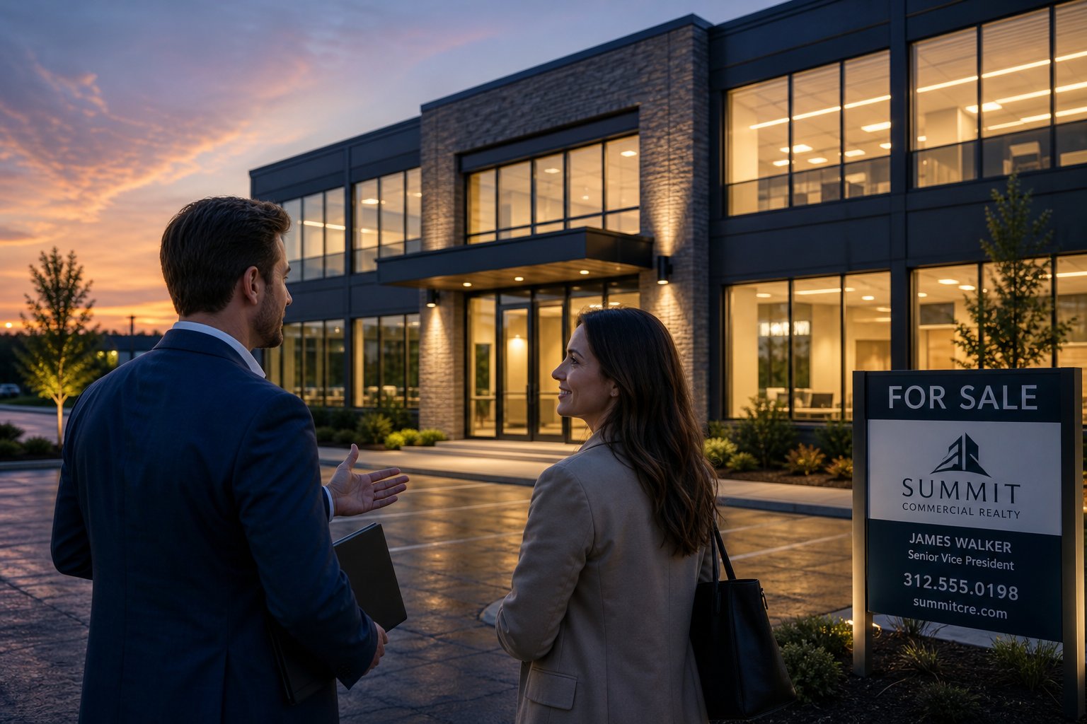 Broker and client outside a lit commercial property at dusk after a viewing.