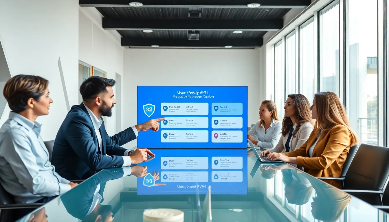 diverse professionals discussing VPN features in a modern office.