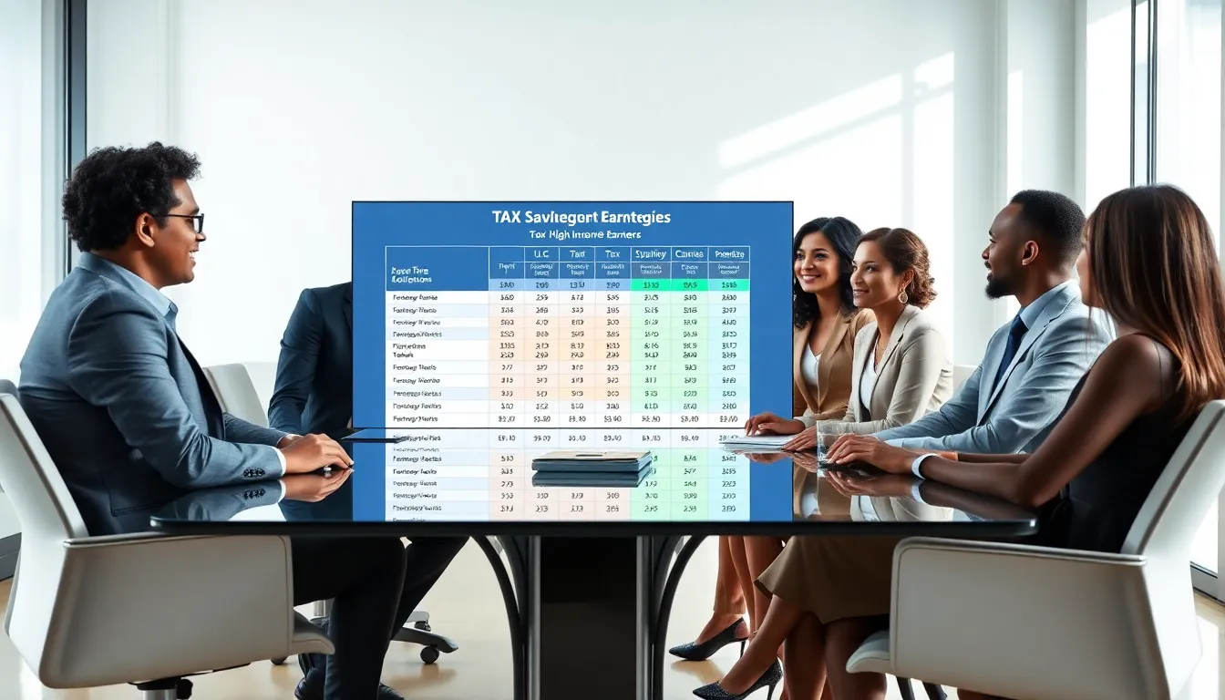 financial professionals discussing tax strategies in a modern office.