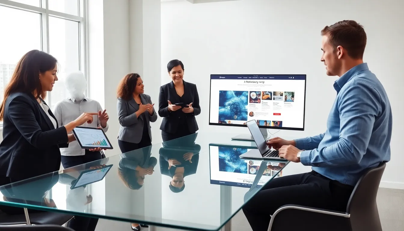 professionals collaborating in a modern office setting about digital publishing.