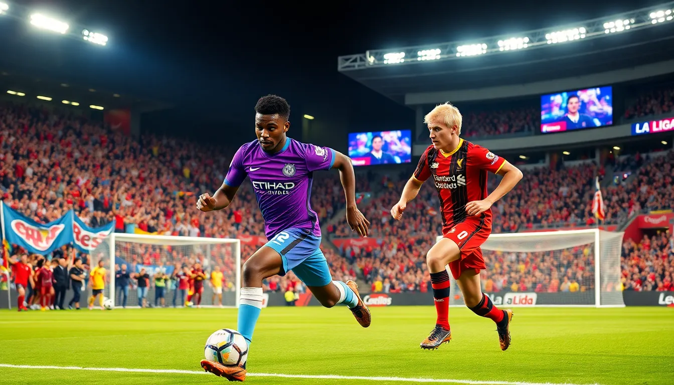 intense football match between Manchester City and Liverpool in a crowded stadium.
