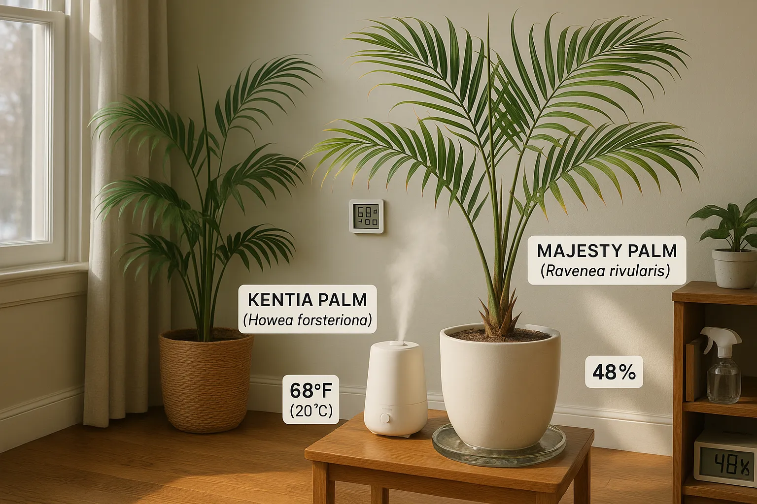Majesty palm with humidifier and Kentia palm by a window indoors.