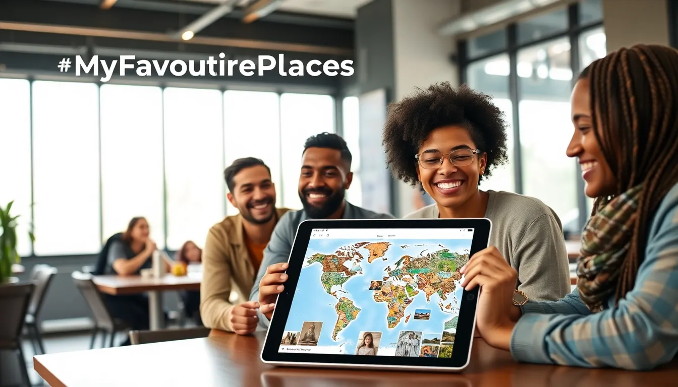 diverse group sharing travel experiences at a modern café.