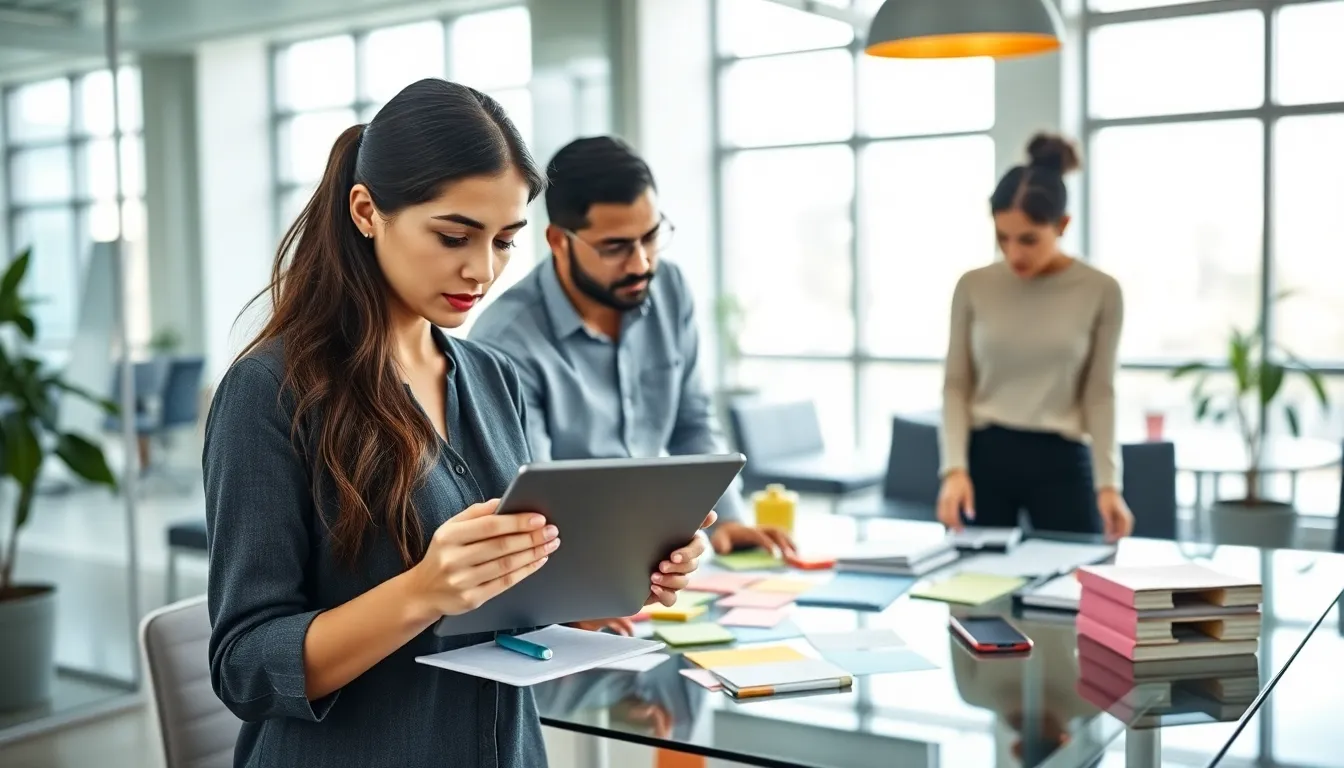 diverse professionals discussing productivity strategies in a modern office.