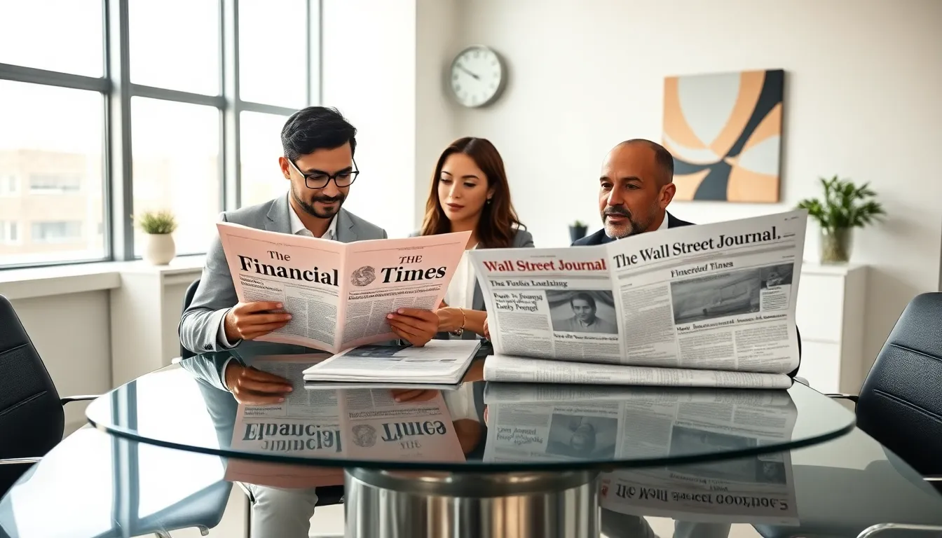 professionals discussing Financial Times and Wall Street Journal in a modern office.