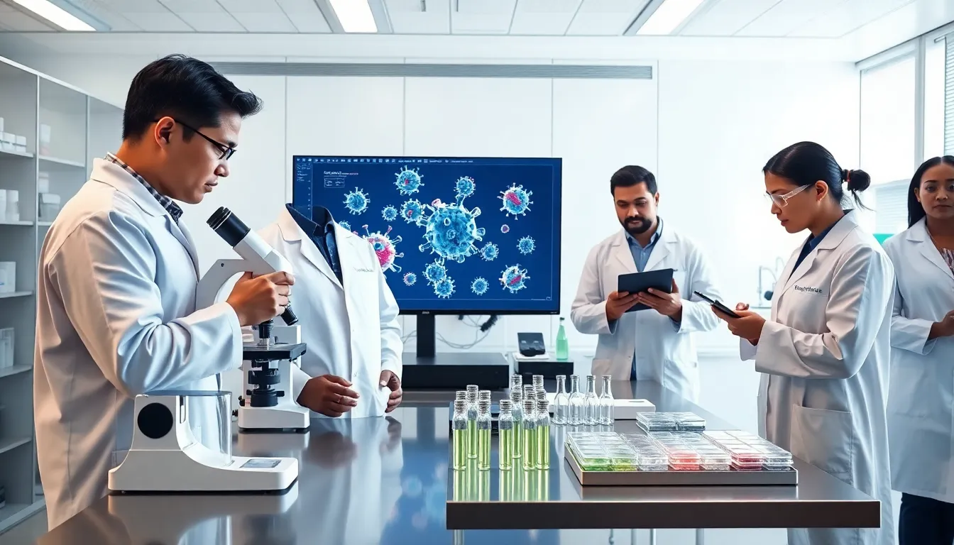 diverse scientists working in a modern biotechnology lab.
