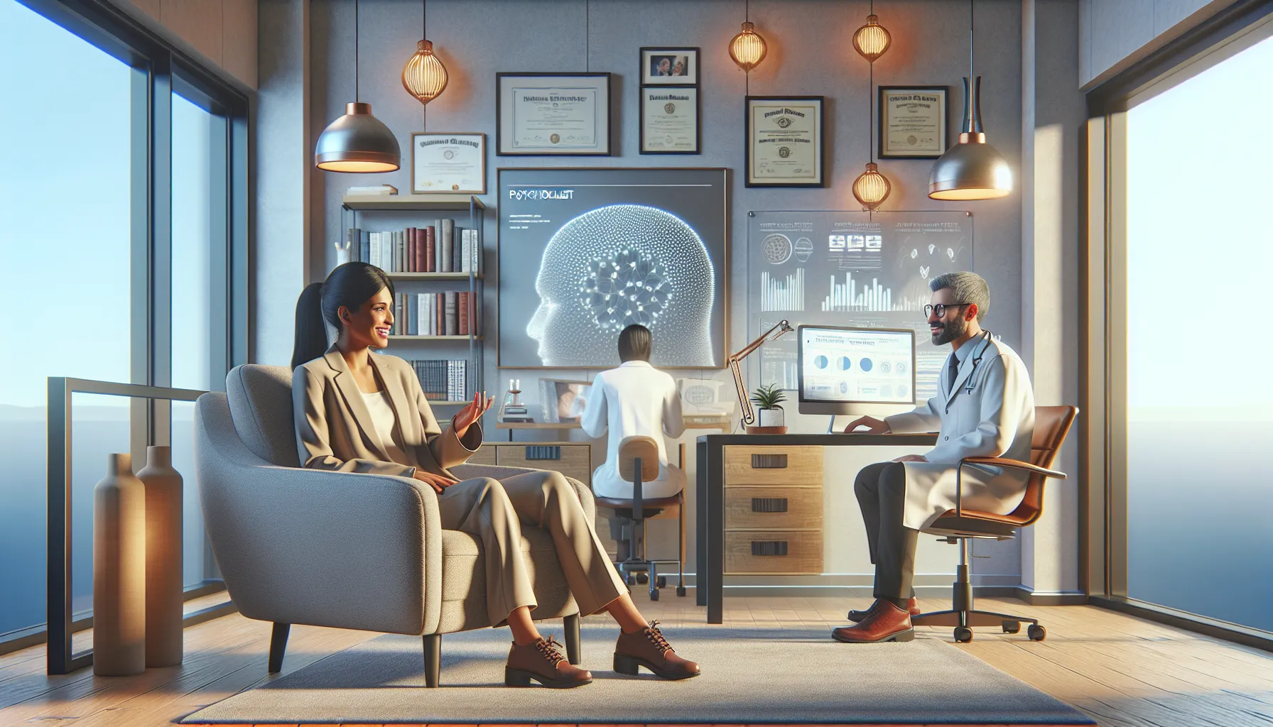 A depiction of a psychotherapist and psychologist in their respective settings.