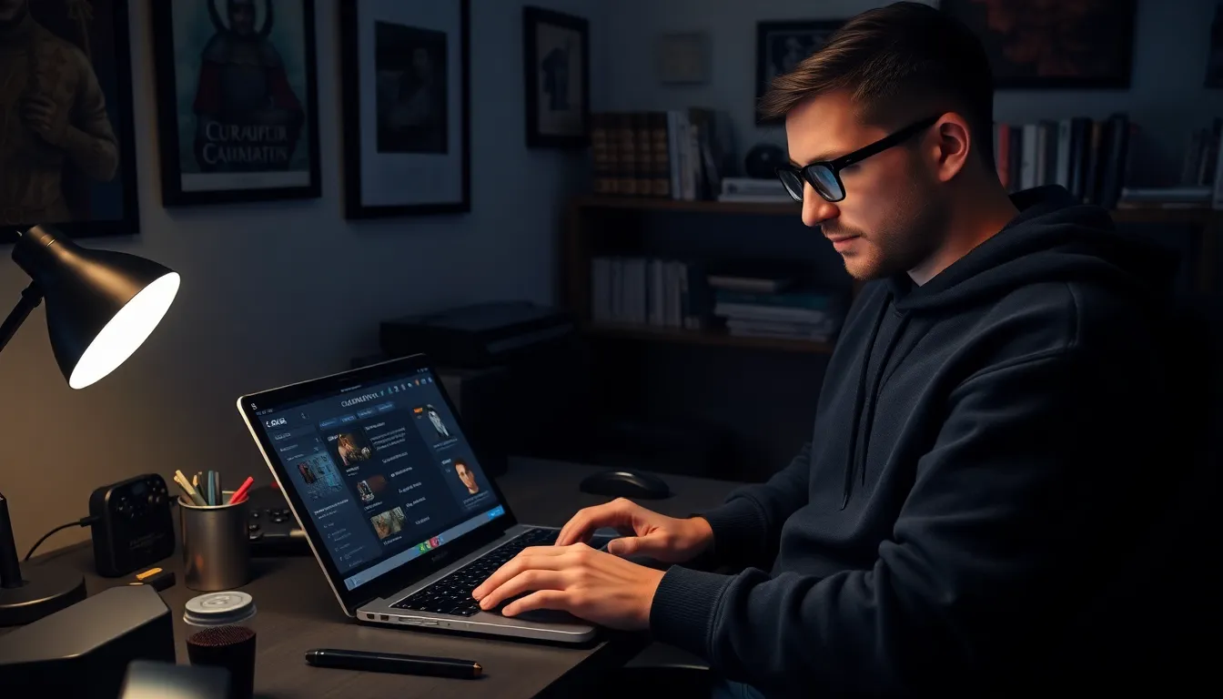 A young man customizing characters on CK2Generator in a cozy home office.