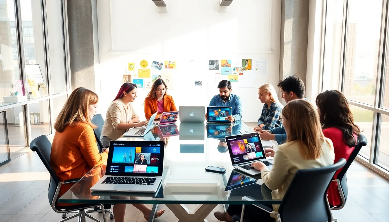 diverse creative professionals collaborating in a modern office setting.