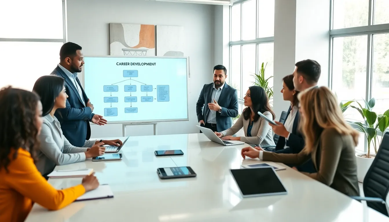 diverse team discussing career development goals in a modern office.