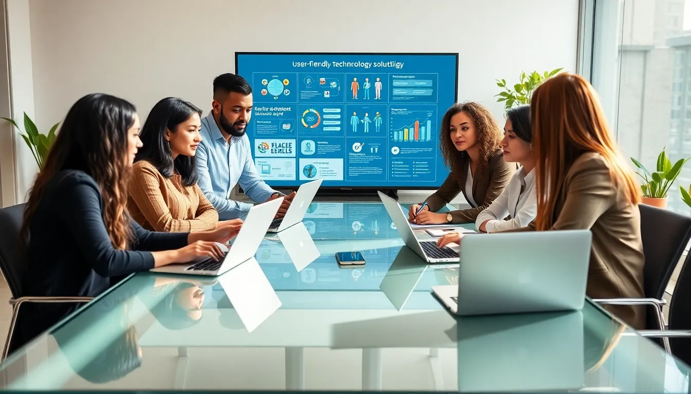 diverse team discussing digital solutions in a modern office.