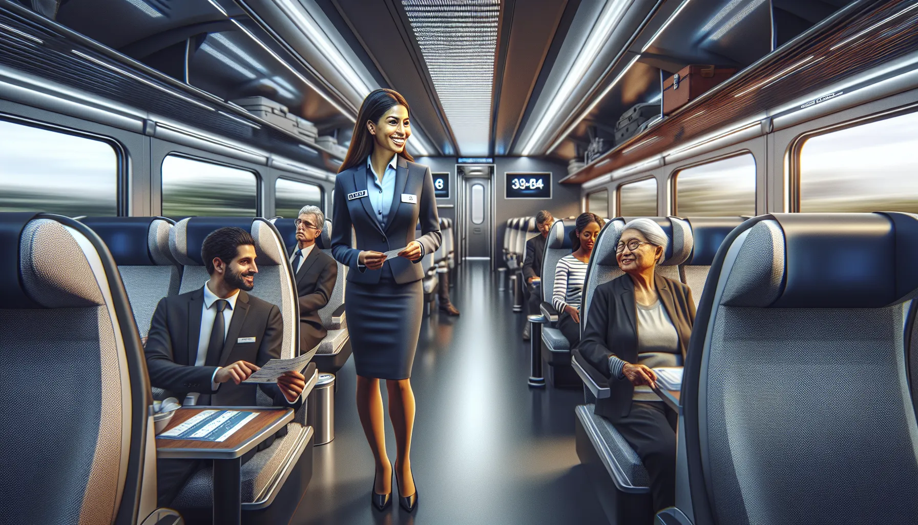 Ticketing Train Representative assisting passengers inside a modern train.