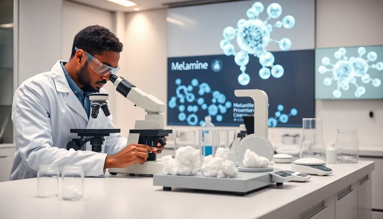 researcher studying melamine in a modern lab.