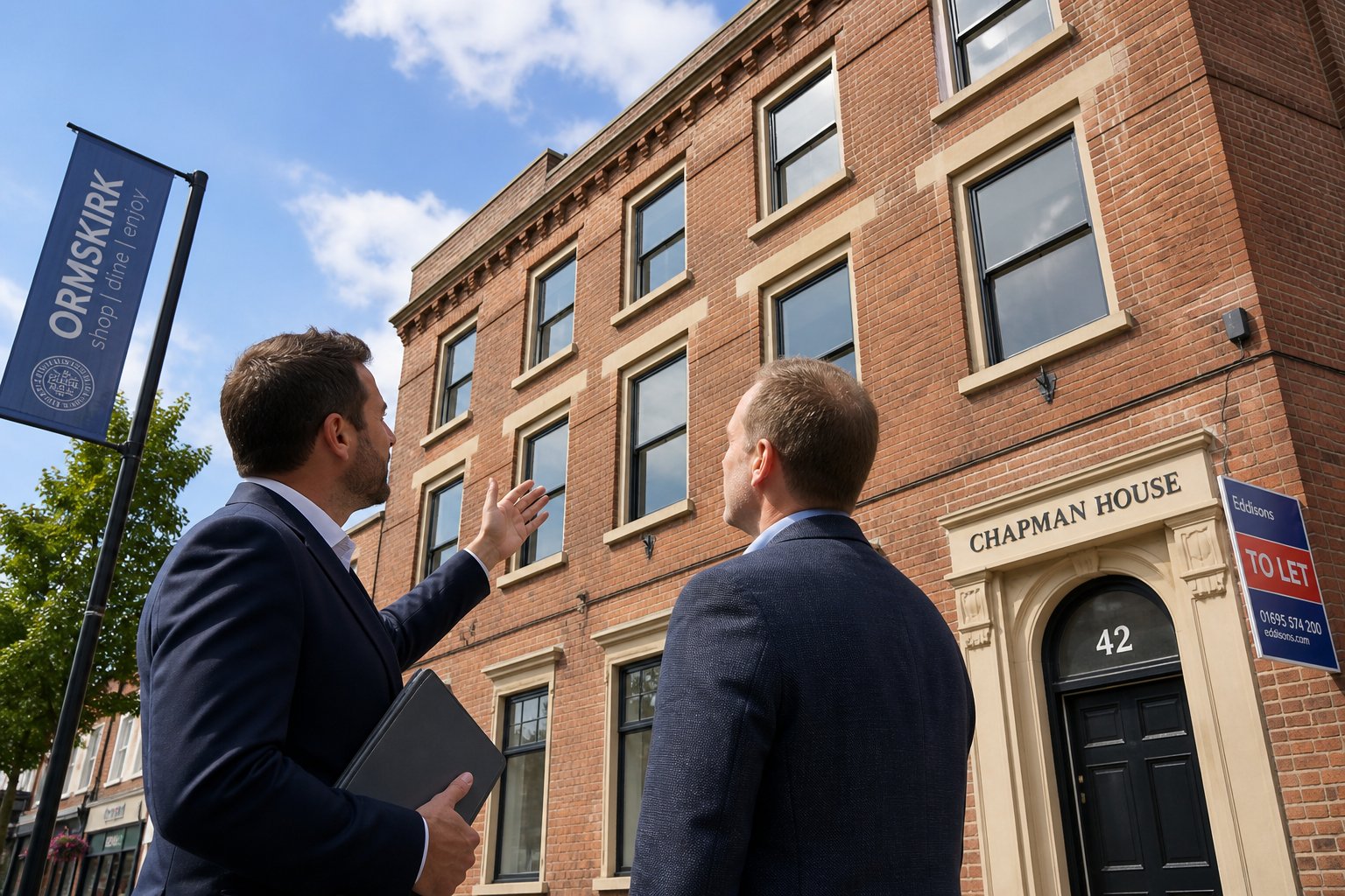 Advisor and investor discussing an office building exterior from a low-angle viewpoint.