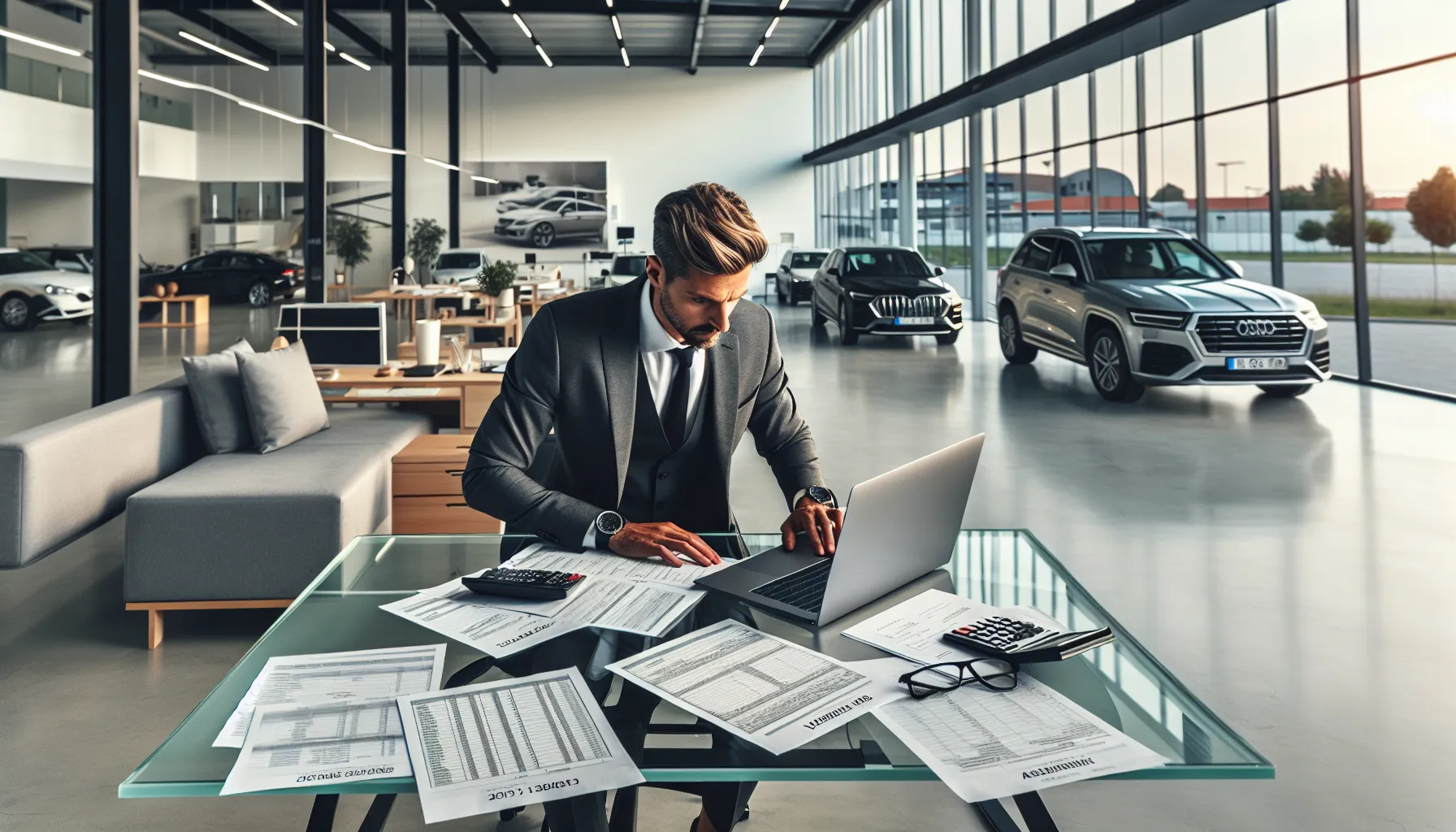Croatian businessperson reviewing vehicle purchase documents in modern office setting
