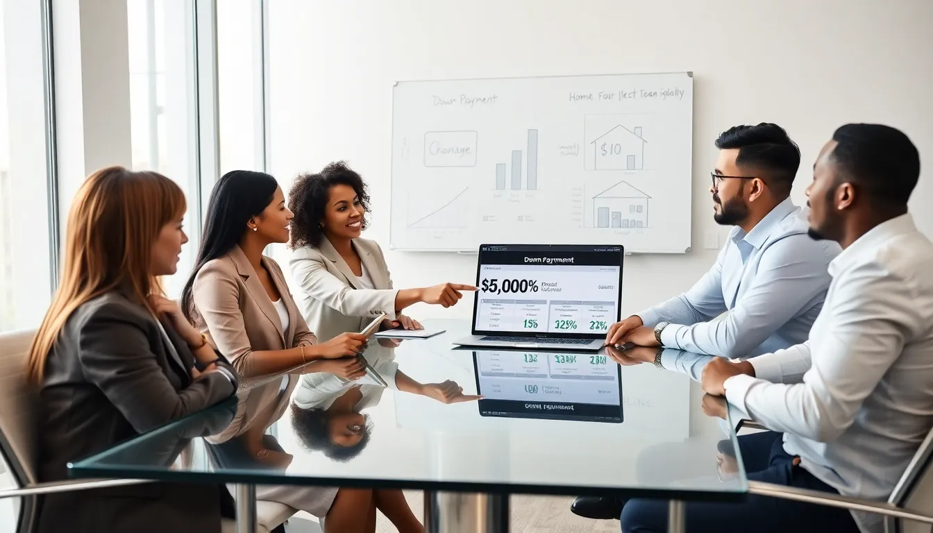 diverse professionals discussing down payments in a modern office setting.