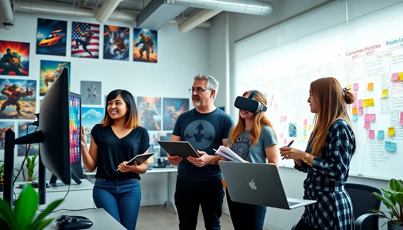 a diverse team collaborating in a modern game development office.