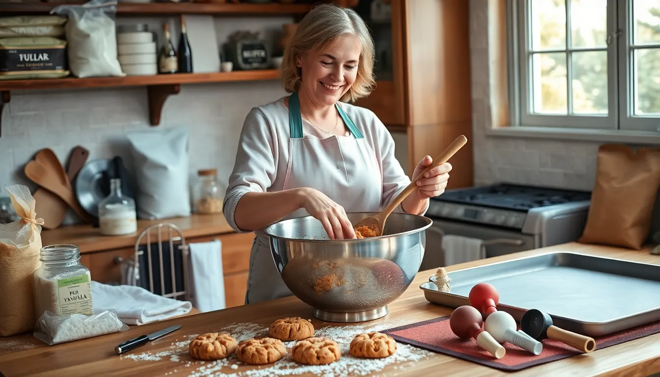 a woman baking cookies in a cozy, sunlit kitchen.