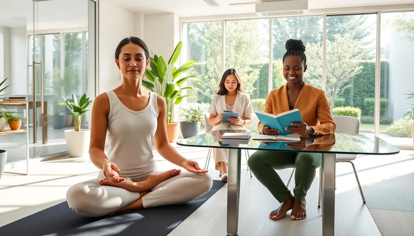 professionals practicing mindfulness in a modern office setting.