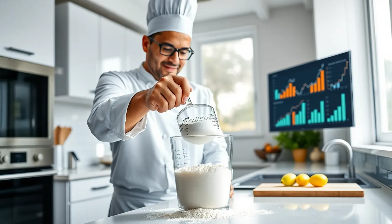 Chef measuring flour in a modern kitchen.