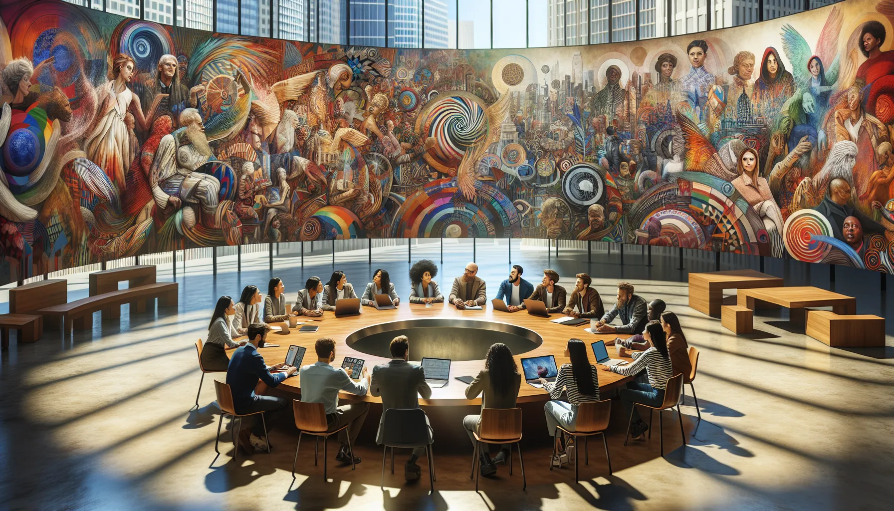 diverse group discussing culture in a modern creative space.