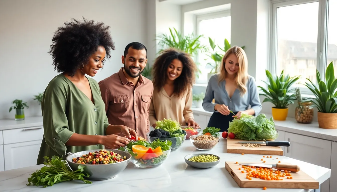 diverse group preparing plant-based meals in a modern kitchen.