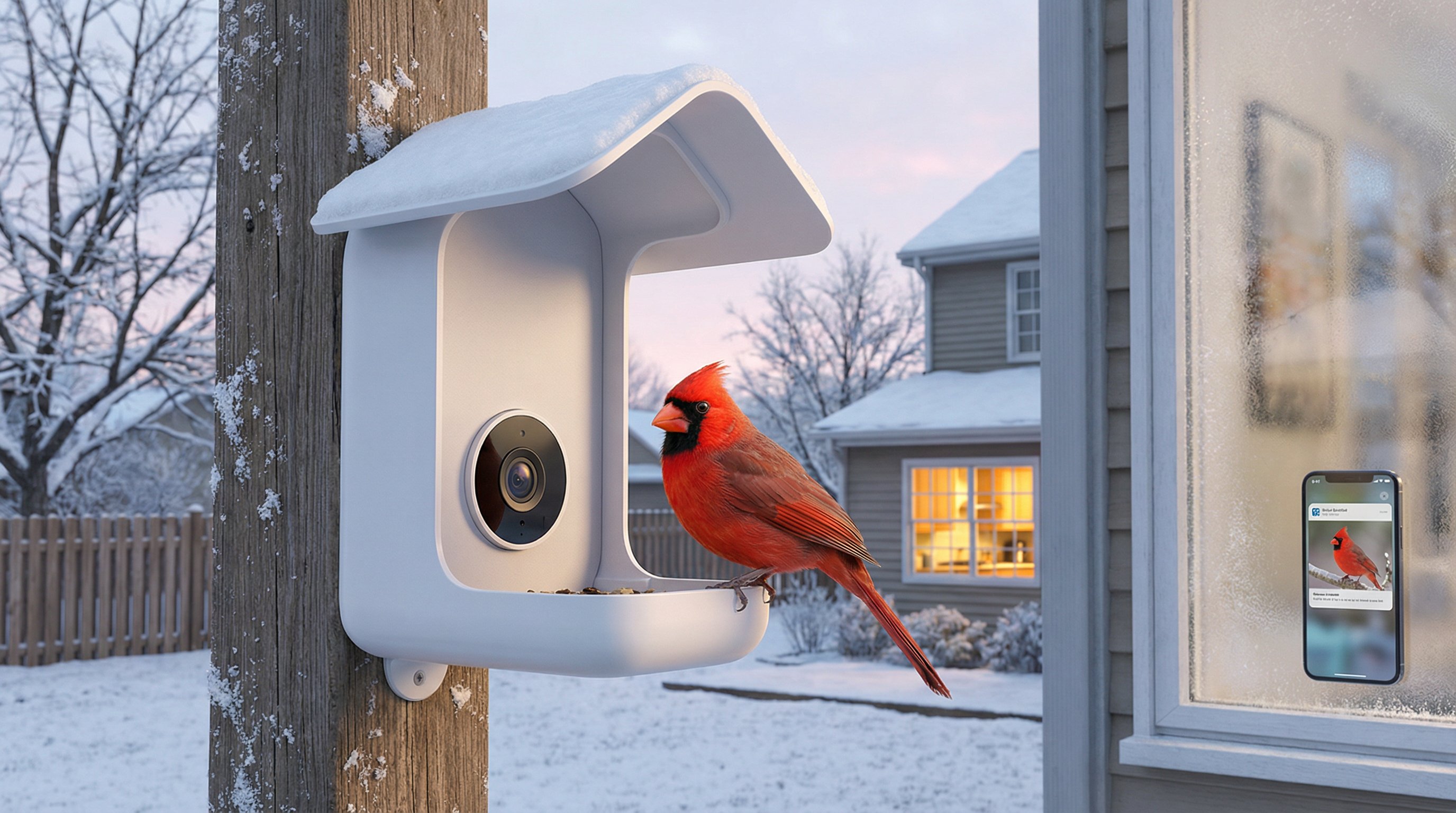 A cardinal perches on a smart bird feeder camera in a snowy backyard.