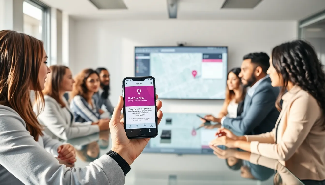diverse team discussing the Find My T-Mobile service in an office.