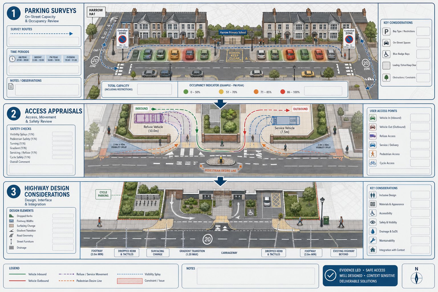 Infographic of parking surveys, site access checks, and highway layout planning.