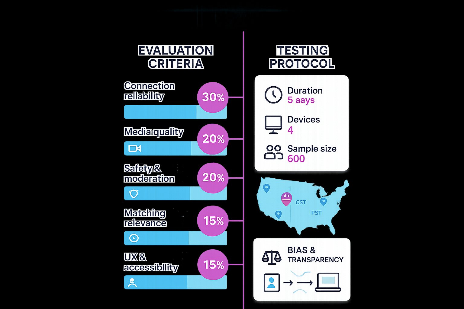 Infographic showing TinChat evaluation criteria, testing protocol, and transparency badge.