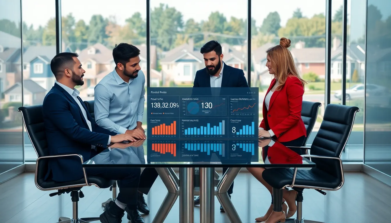 diverse real estate team analyzing rental market data in an office.