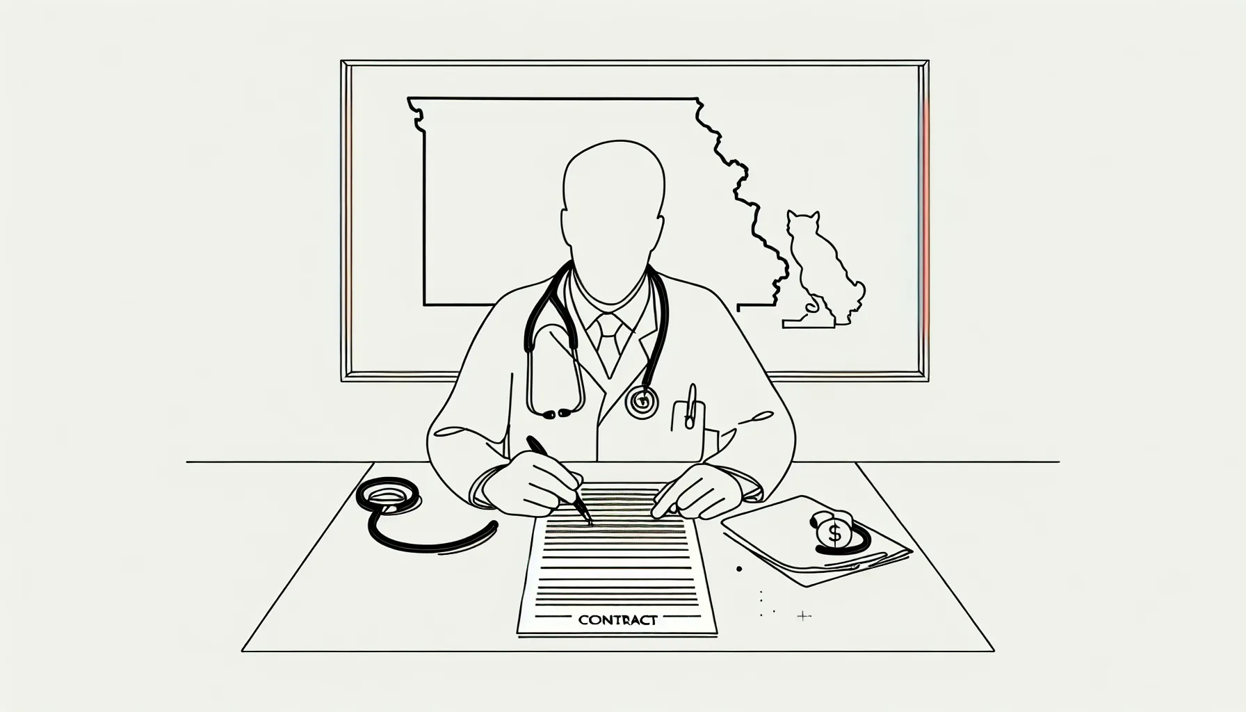 Veterinarian at a desk examining a contract with Missouri outline and icons of Missouri Veterinary Contract Review.