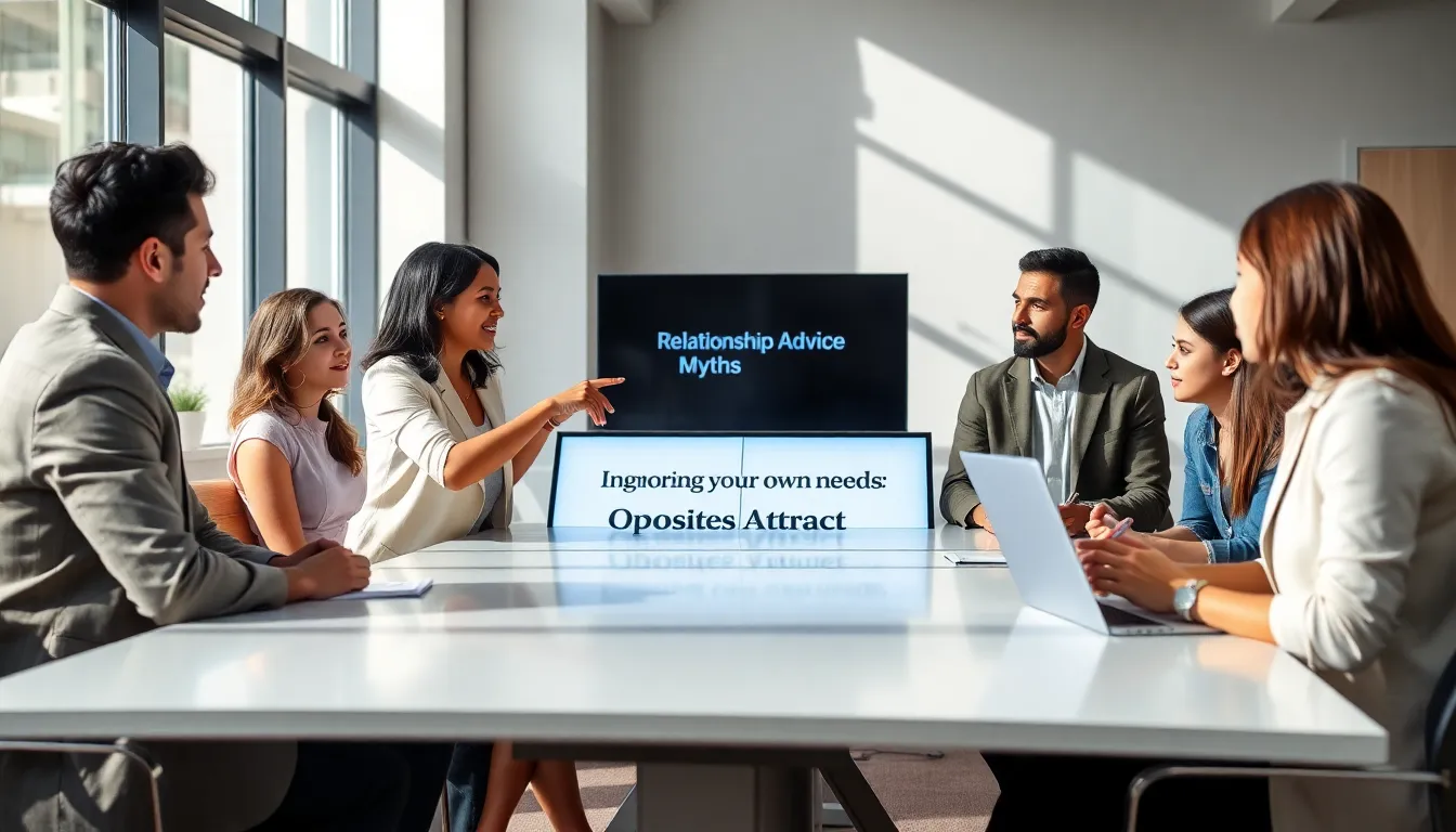 diverse professionals discussing relationship advice myths in an office setting.