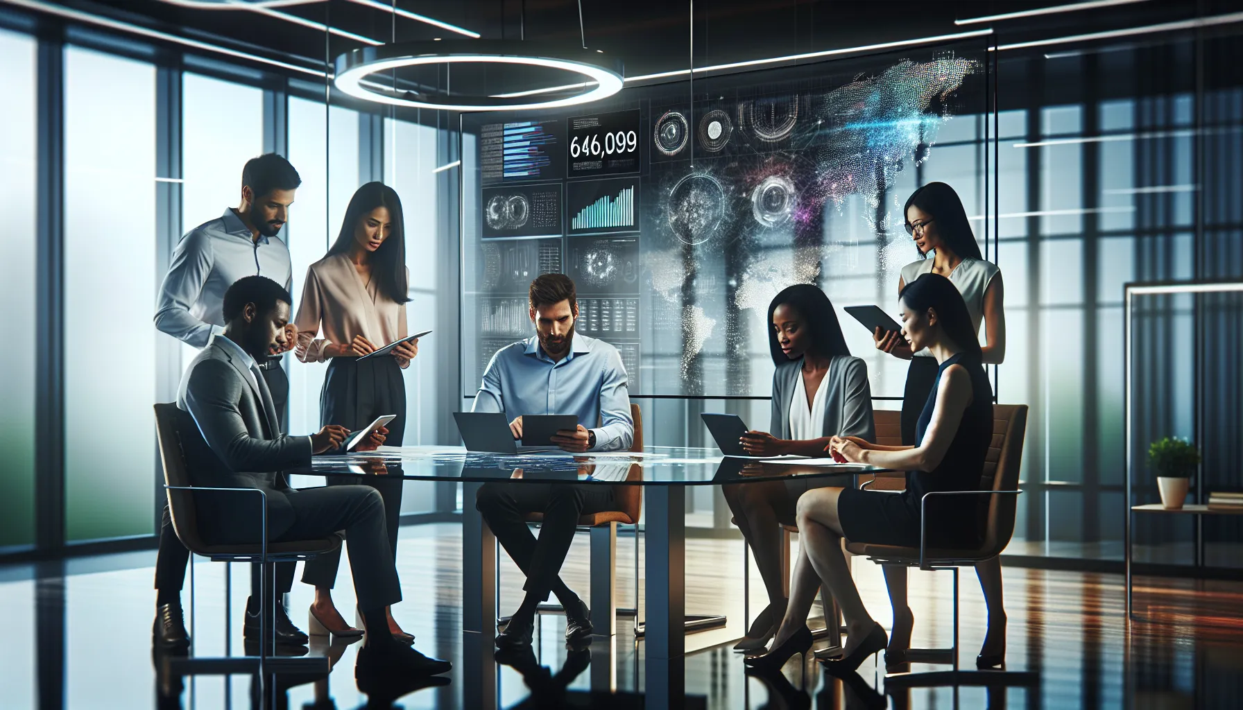 professionals discussing data in a modern office setting.