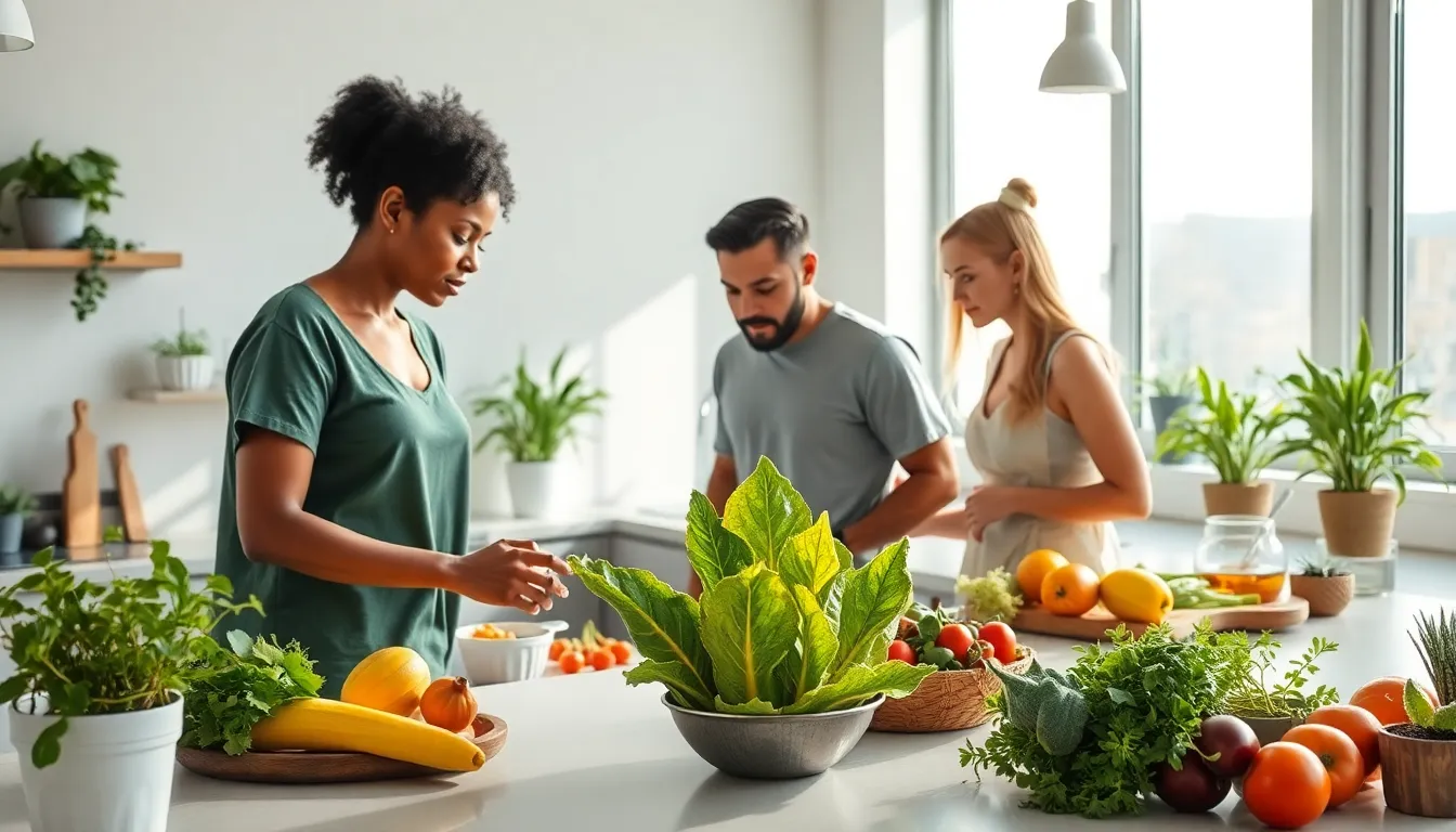 diverse team exploring natural ingredients in a modern kitchen.