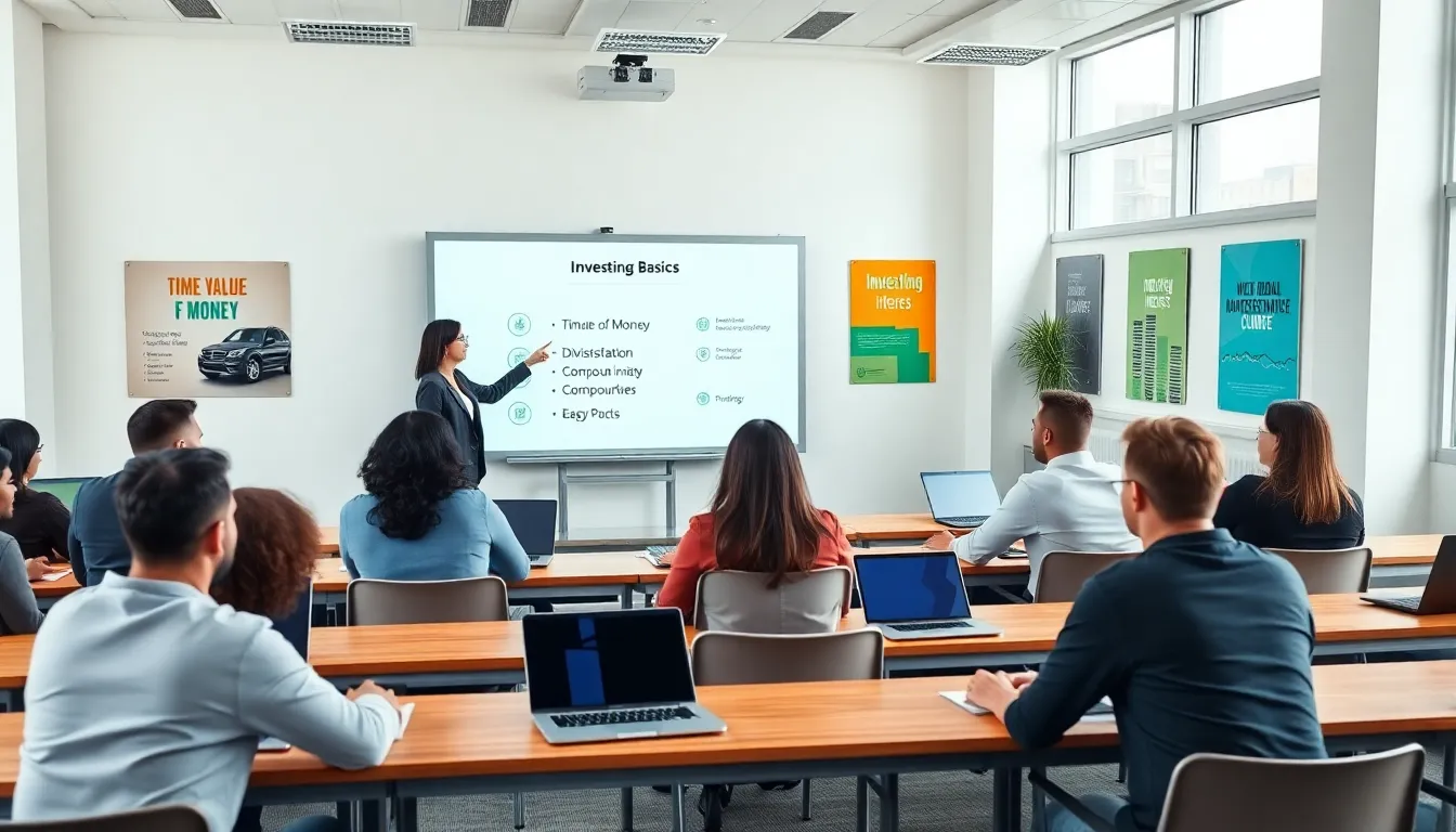diverse learners engaged in an investing course in a modern classroom.