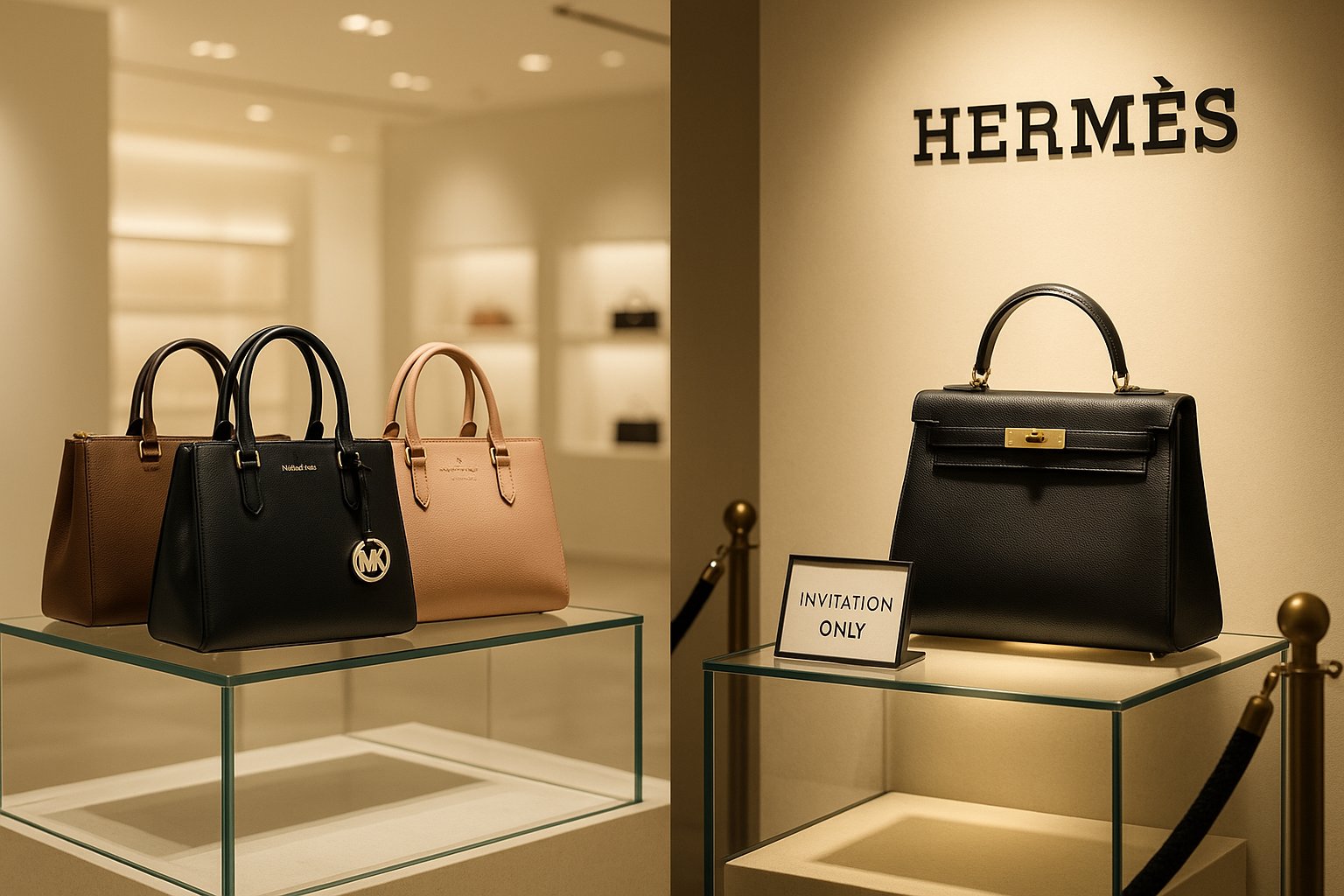 Designer and luxury handbags displayed in a modern boutique setting.