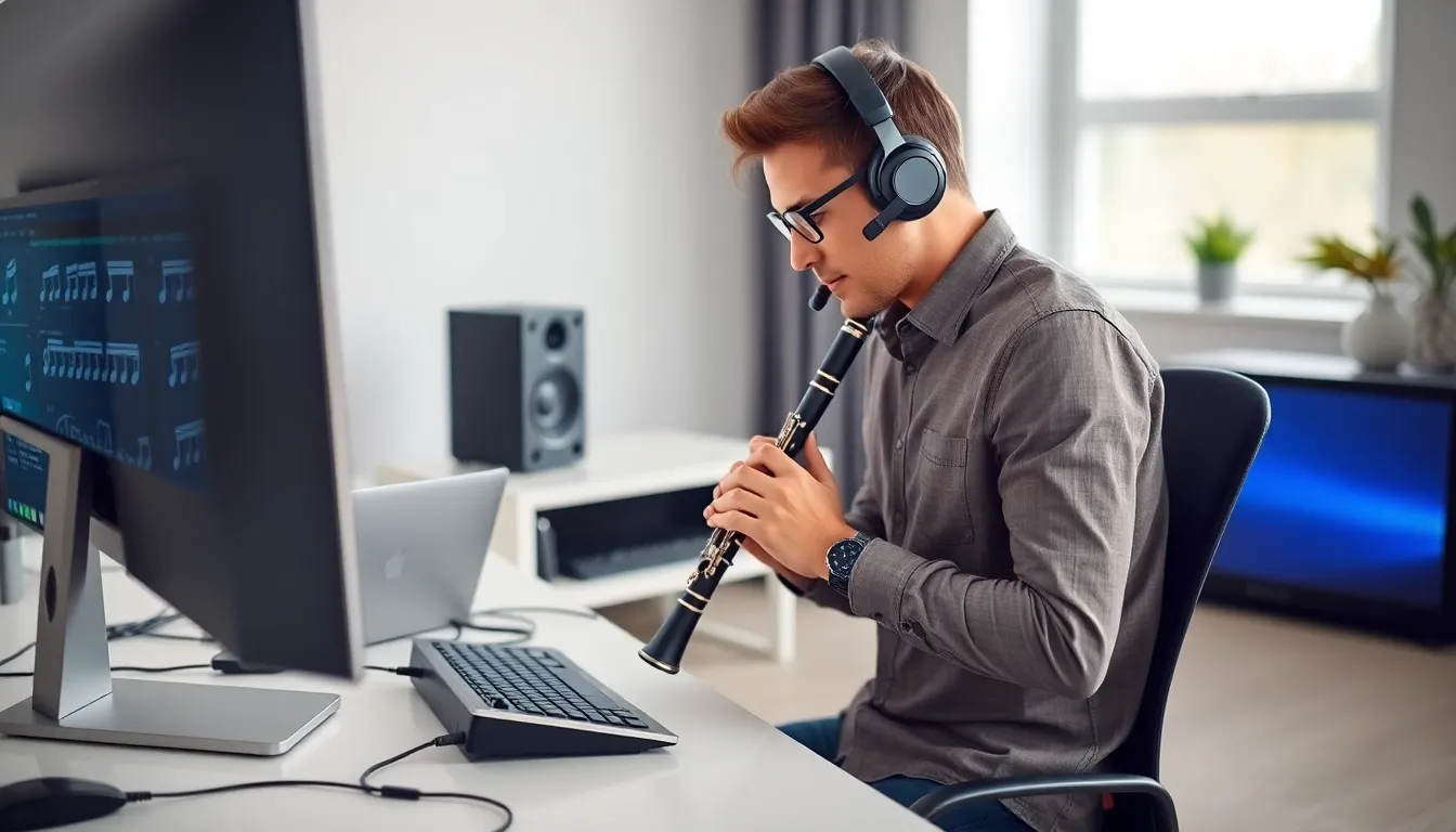 musician using a virtual clarinet on a modern computer setup.