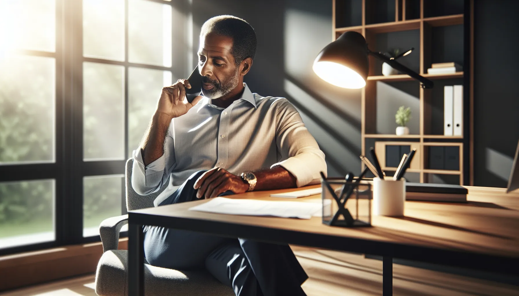 a person making a phone call in a modern office.