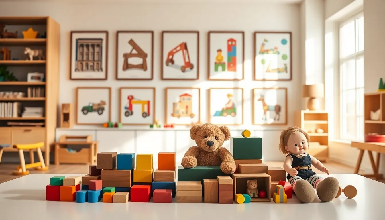 a variety of classic kids toys displayed in a modern playroom.